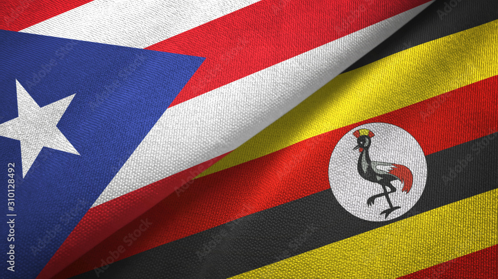 Fototapeta premium Puerto Rico and Uganda two flags textile cloth, fabric texture