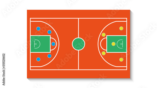Basketball court with a tactical scheme of the arrangement of players of two basket teams on the playground, plan of a game diagram for a fantasy league coach board