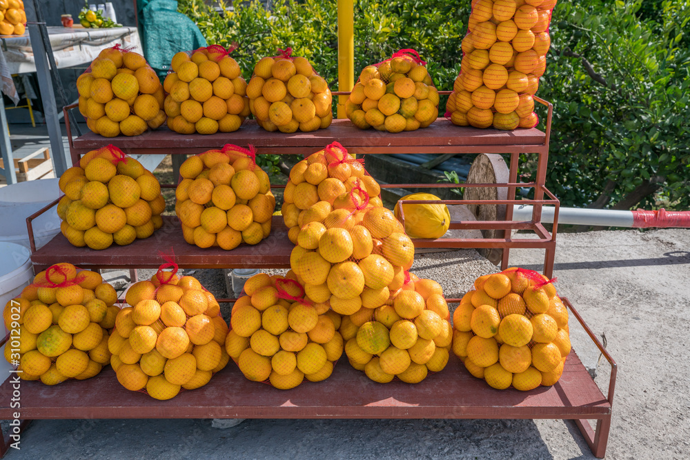 Bags of oranges sold by street vendors