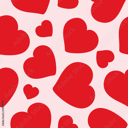 Abstract seamless pattern with red stylized hearts on pink background. Endless background. Minimal design for Valentine's day or wedding. Vector illustration