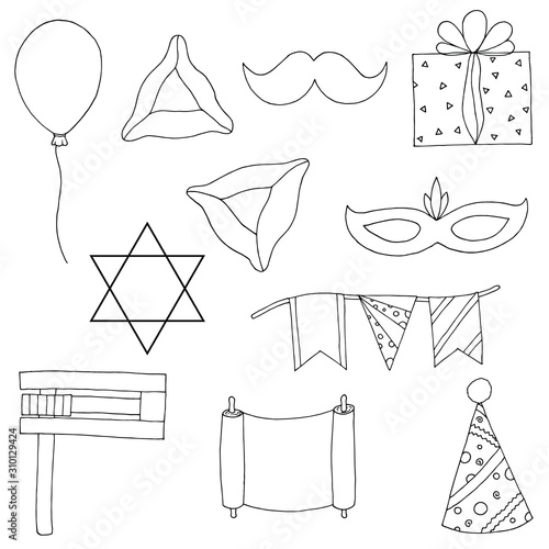 Hand-drawn set of Purim illustrations. Vector cartoon doodles. Isolated objects on a white background. Elements of holiday.