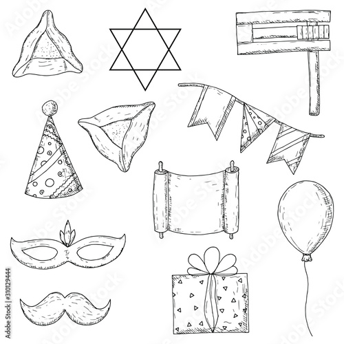 Hand-drawn set of Purim illustrations. Vector cartoon doodles. Isolated objects on a white background. Elements of holiday.