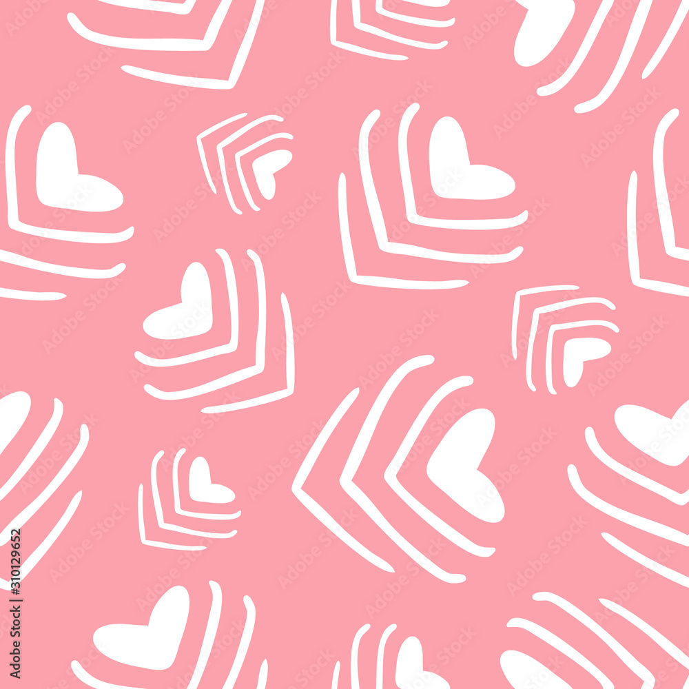 Fototapeta premium Abstract seamless pattern with white stylized hearts on pink background. Endless background. Minimal design for Valentine's day or wedding. Vector illustration