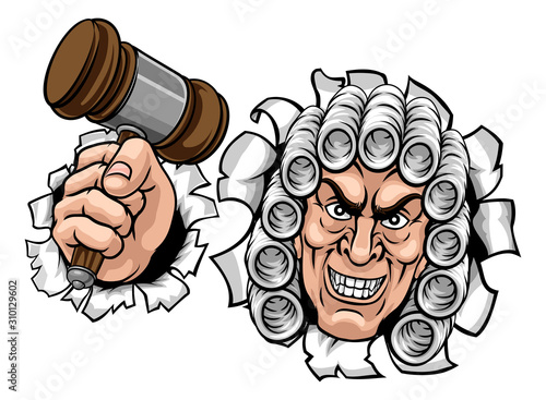 An angry or mean judge cartoon character breaking out of the background holding his gavel hammer