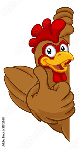 A chicken rooster cockerel bird cartoon character peeking around a sign and giving a thumbs up