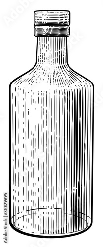 Glass drinks bottle in a vintage retro woodcut etching or engraved style