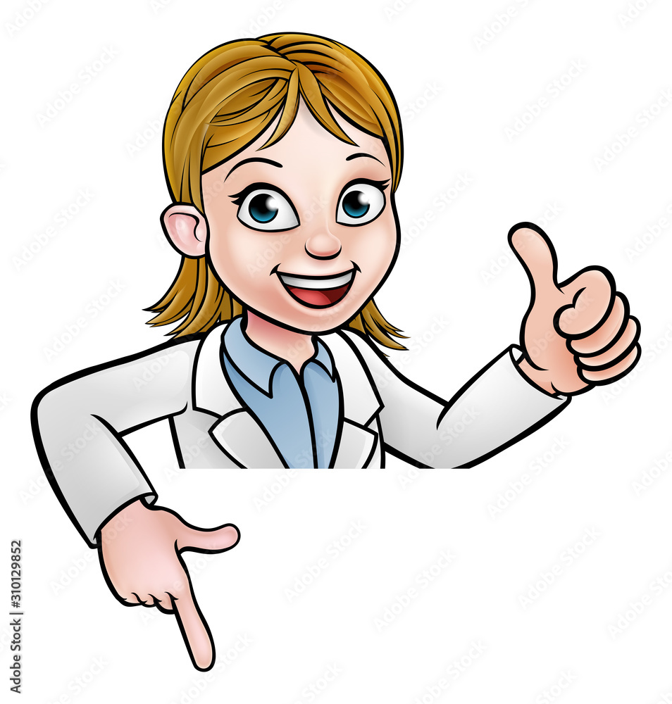 A cartoon scientist professor or doctor wearing lab white coat peeking above sign pointing and giving a thumbs up A cartoon scientist professor or doctor wearing lab white coat peeking above sign pointing and giving a thumbs up