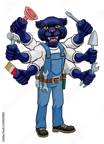 A panther animal construction cartoon mascot multitasking handyman or builder maintenance contractor holding lots of tools