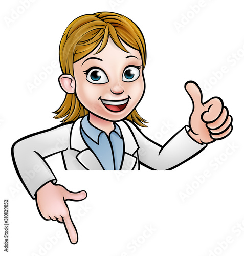 A cartoon scientist professor or doctor wearing lab white coat peeking above sign pointing and giving a thumbs up