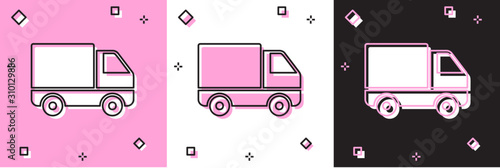 Set Delivery cargo truck vehicle icon isolated on pink and white, black background. Vector Illustration