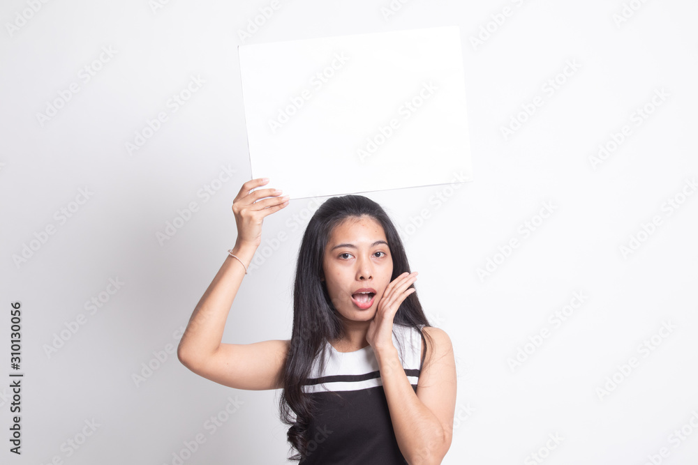 Young Asian woman surprise with white blank sign Young Asian woman surprise with white blank sign