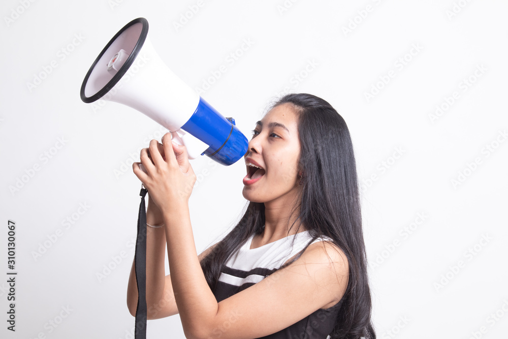 Beautiful young Asian woman announce with megaphone Beautiful young Asian woman announce with megaphone