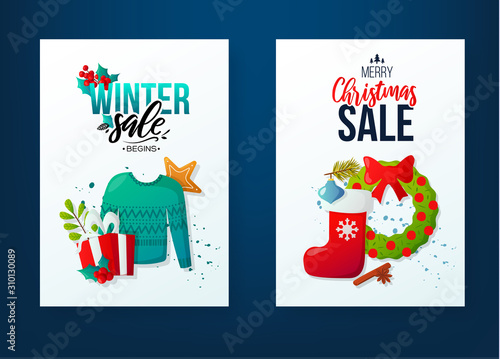 Set of winter seasonal sale ad vector backgrounds.