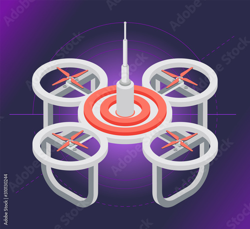 Drone with remote controller, wireless device with propellers, quadcopter symbol, aircraft with remotely radio controlled flying robots, discovery air robot for video and photo, multicopter vector