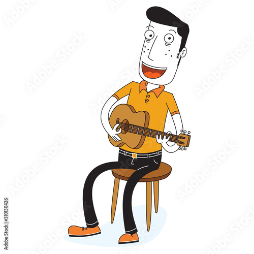 man is sitting and playing a guitar