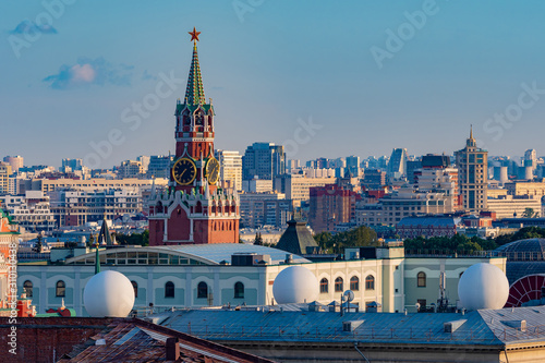 Moscow. Russia. The Roofs Of Moscow. Panorama of the center of the capital from a height. Architecture of Moscow. Sights Of Russia. Kremlin. Spasskaya tower with chimes.