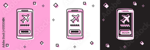 Set Smartphone with electronic boarding pass airline ticket icon isolated on pink and white, black background. Passenger plane mobile ticket for web and app. Vector Illustration