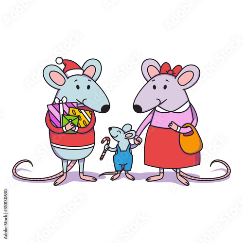 Christmas rat family. Dad with gifts, mom holds a child by the hand, a little boy with candy cane. Happy Chinese New year mice. Vector illustration for print, poster, calendar, card, souvenirs.