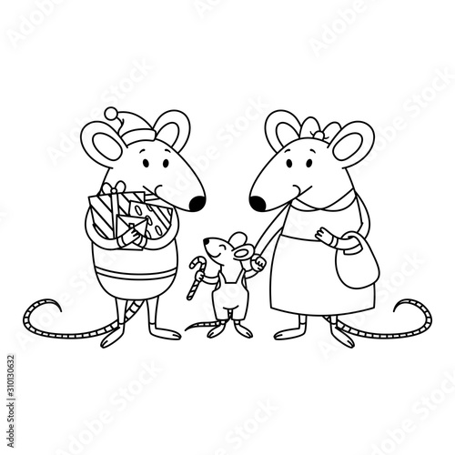 Christmas rat family. Dad with gifts, mom holds a child by the hand, a little boy with candy cane. Happy Chinese New year mice. Vector outline illustration for coloring page.