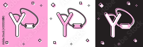 Set Slingshot icon isolated on pink and white, black background. Vector Illustration