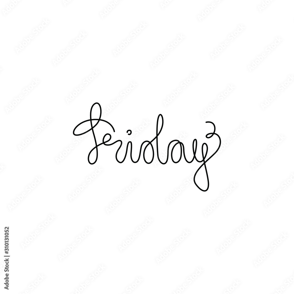 Friday hand drawn lettering phrase, continuous line drawing, design element for poster, banner, card, print for clothes, emblem or logo design, one single line, isolated vector illustration. Friday hand drawn lettering phrase, continuous line drawing, design element for poster, banner, card, print for clothes, emblem or logo design, one single line, isolated vector illustration.