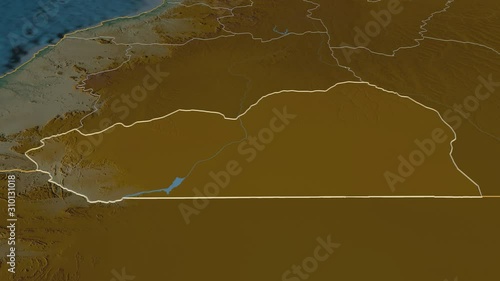 Cunene, province with its capital, zoomed and extruded on the relief map of Angola in the conformal Stereographic projection. Animation 3D photo