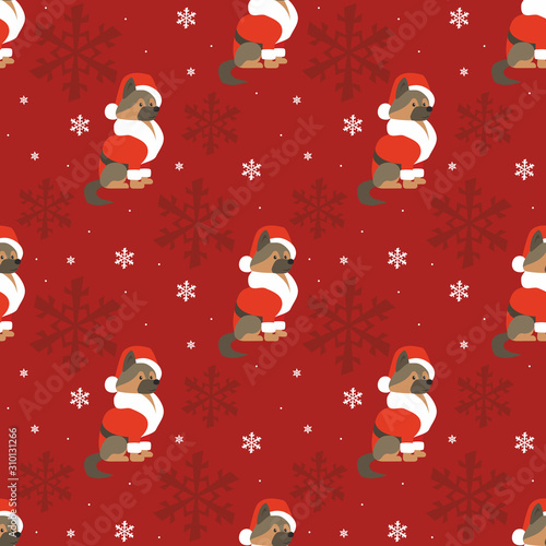 Colorful seamless pattern with cute dog in Christmas costume. Vector background.
