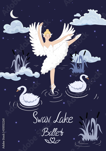 Poster to the ballet Swan Lake. Vector graphics.