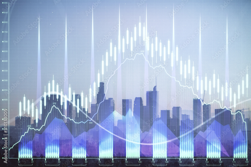 Forex chart on cityscape with skyscrapers wallpaper double exposure. Financial research concept. Forex chart on cityscape with skyscrapers wallpaper double exposure. Financial research concept.
