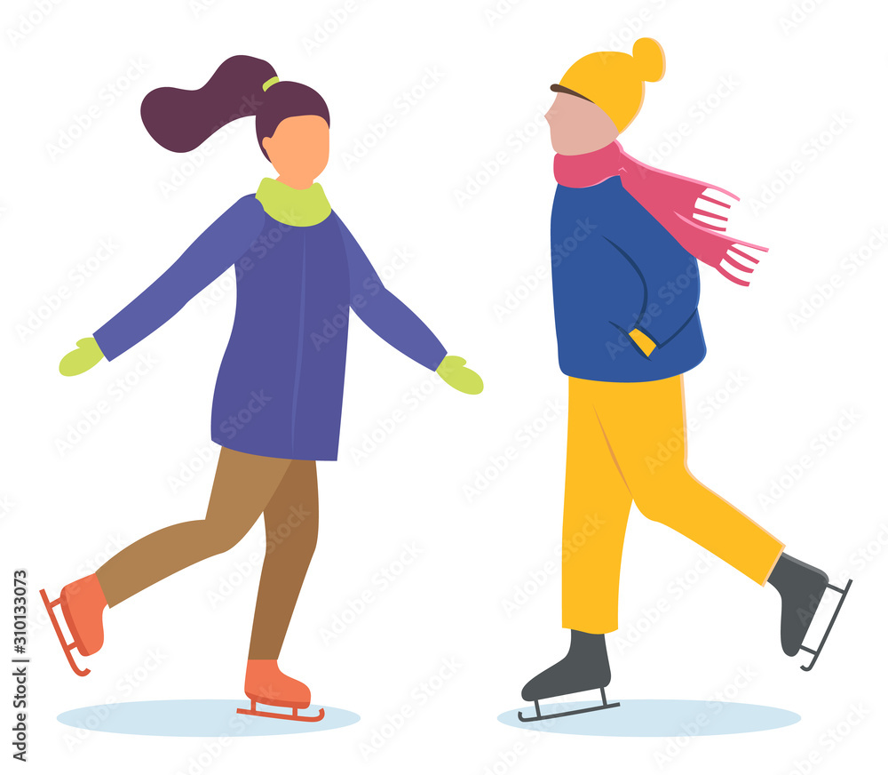 Woman and man on date doing winter outdoor activity. People skating on ice rink together. Lady and guy spend time actively on holidays. Winter time, people isolated on white. Vector illustration flat Woman and man on date doing winter outdoor activity. People skating on ice rink together. Lady and guy spend time actively on holidays. Winter time, people isolated on white. Vector illustration flat