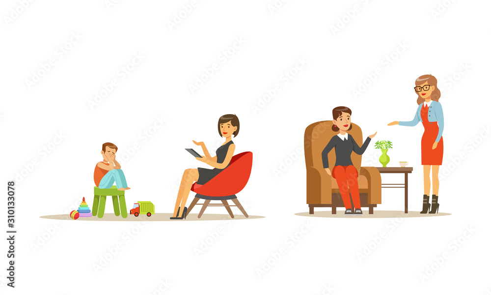 People Visiting Female Psychologist Vector Illustrations Set People Visiting Female Psychologist Vector Illustrations Set