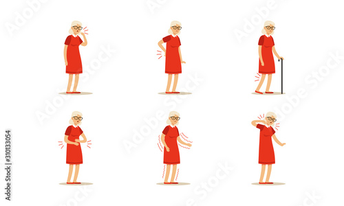 Senior Woman Health Problems and Diseases Vector Illustrations Set