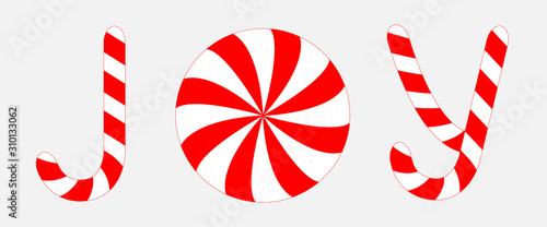 Joy text lettering banner. Candy Cane Merry Christmas xmas decoration. Red white peppermint stick and circle. Flat design. Isolated. White background.