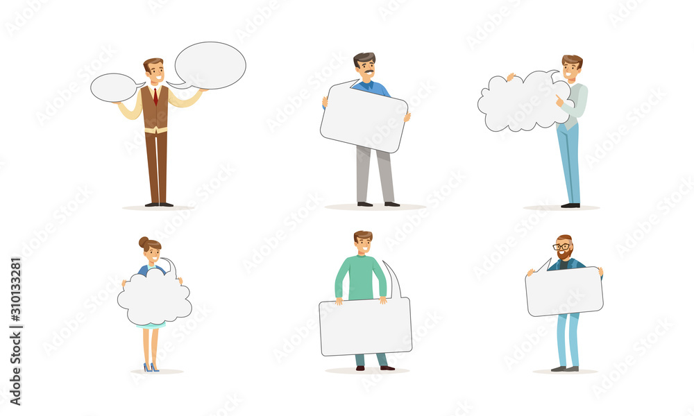 People Characters Standing and Holding Speech Bubbles Vector Set