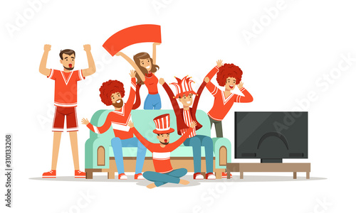 People Supporting Favorite Team Sitting and Standing in Front of TV Vector Illustration