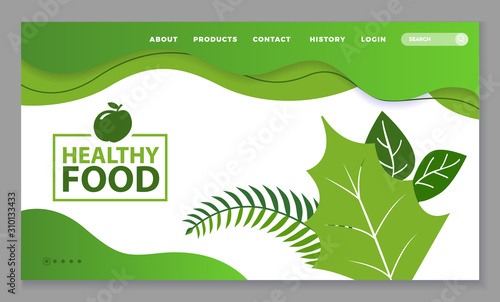 Healthy food and drink, natural products, organic nutrition, restaurant, online store web landing page template vector. Green leaves and apple, snack ordering. Dietary food order mobile site mockup