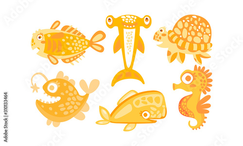 Cute Friendly Sea Creatures Vector Set. Underwater Life for Kid Illustrated Book Concept