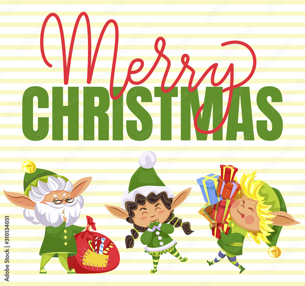 Merry Christmas greeting card with funny elf characters in hat holding bag with candies. Happy fairy hero carrying gift box on winter holidays. Striped postcard with best wish on festive vector