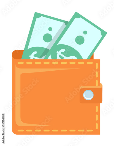Financial stability salary in wallet vector, isolated dollars currency. Banknote in leather purse, profit and benefit, payment money allowance, cash