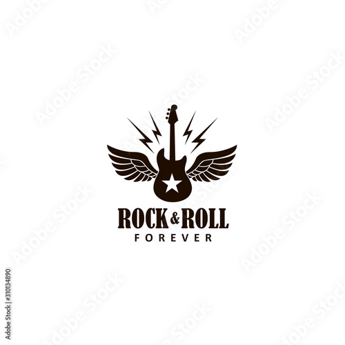 icon of electric guitar with wings isolated on white background