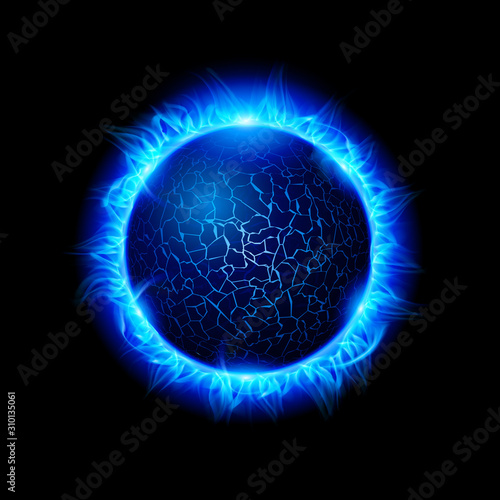 Illustration of a Blue Fiery Ball of a Burning Star, Solar Disk. Solar Flare Burning Around Astrological Celestial At Galaxy Concept Illustration on Black Background