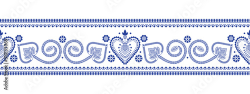 Plakat Folklore floral Nordic Scandinavian pattern vector seamless border. Ethnic blue and white ornament ribbon print with flowers and hearts. Finnish, Swedish and Norwegian style holiday decoration design.