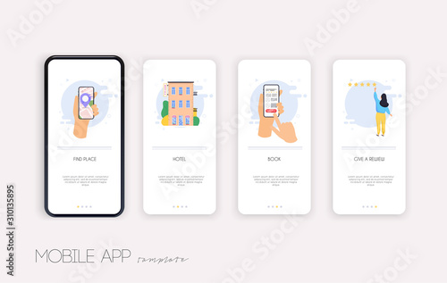 Onboarding screens user interface kit for mobile app templates concept of find hotel. Concept for web banners, websites, infographics.