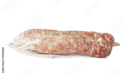Italian sausage. Tasty dried sausage, close-up, isolated on white background.