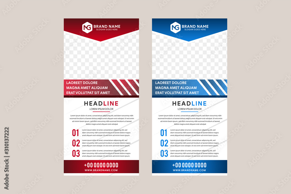 Set of Templates of vector white background roll-up banners with diagonal colored elements and a place for photos. Red and blue design for business, advertising and printing with blue and red element.