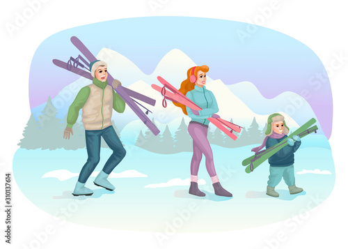 Happy family skiing. Winter sports. Vector illustration conept