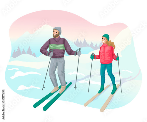 Man and woman skiing in the mountains. Vector illustration concept