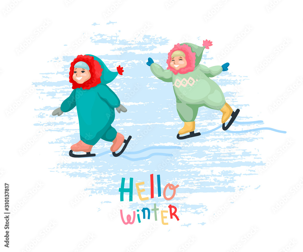 Happy little girl and boy ice skating. Vector illustration