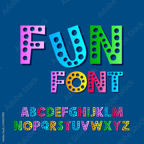 Set of colored funny letters on a Classic blue background. Paper cut alphabet. Cartoon style 