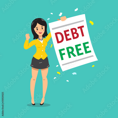 Cartoon businesswoman with debt free letter for design.